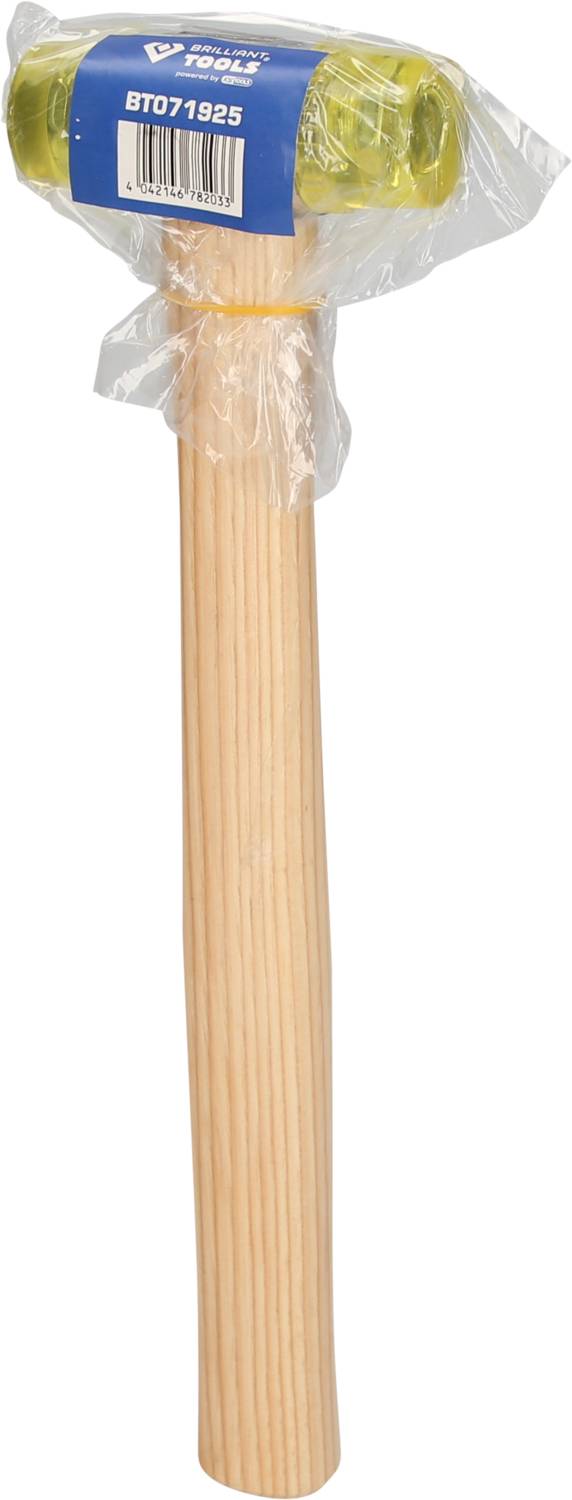 Gelber Schonhammer mit Holzgriff, verpackt in Plastik, blauer Aufkleber mit der Aufschrift 'BT0711925' oben.