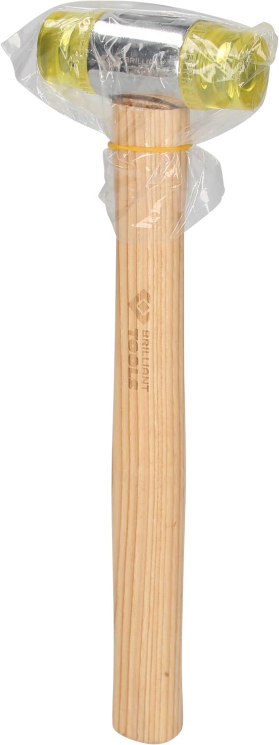 Gummihammer mit Holzgriff, Kopf mit zwei gelben Gummienden, frisch verpackt in Plastik. Geeignet für schonende Schläge.