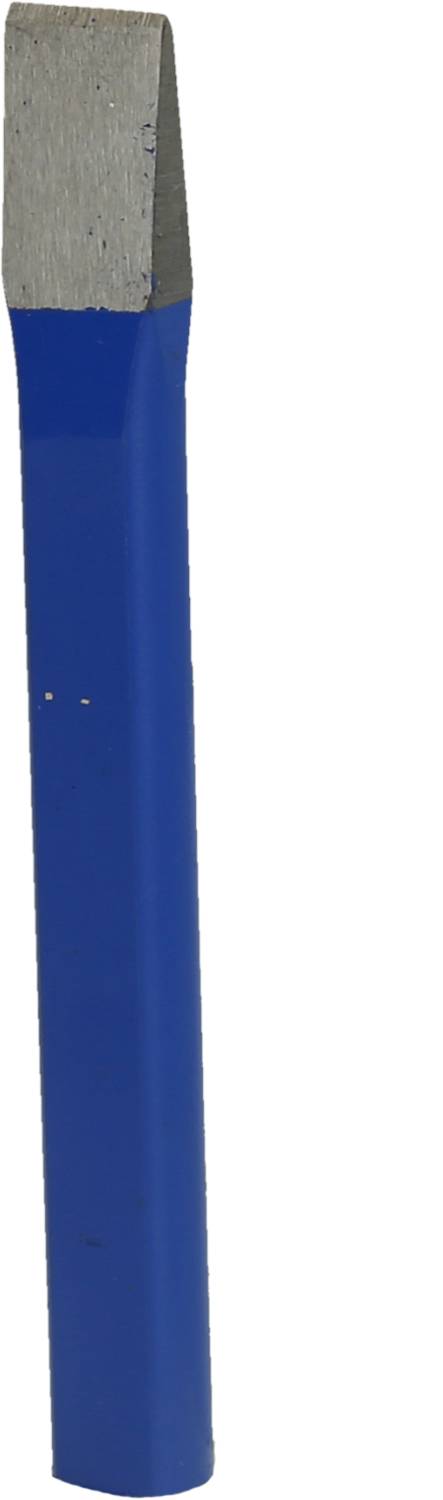 Blauer Metallmeißel mit silberner Spitze, aufrecht stehend. Verwendet zum Schneiden oder Bearbeiten von Materialien wie Stein oder Metall.