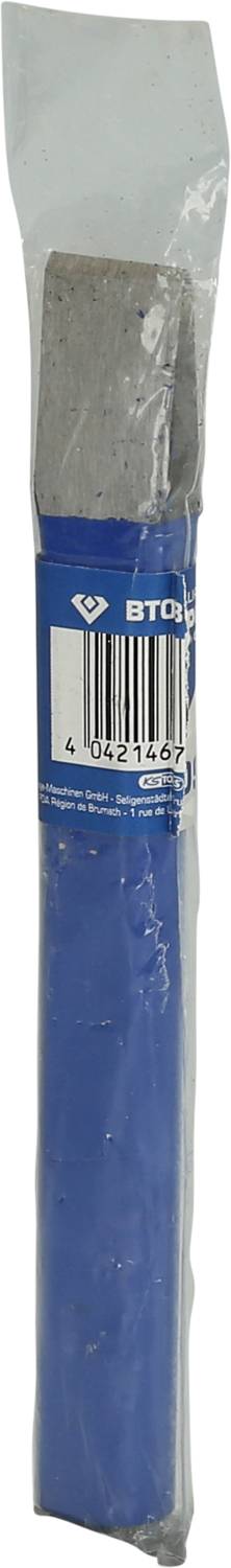 In einer Plastikverpackung verpackter Meißel mit blauem Etikett und Barcode.