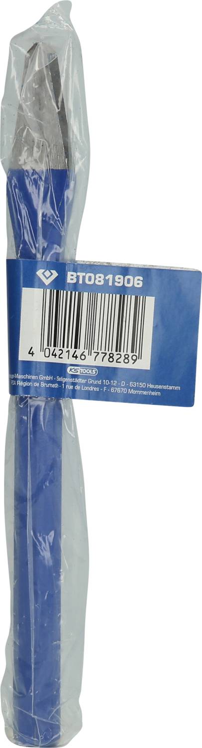 Verpackter blauer Meißel mit silberner Spitze, Etikett mit Barcode und der Nummer 'BT081906', in Plastikfolie eingewickelt.