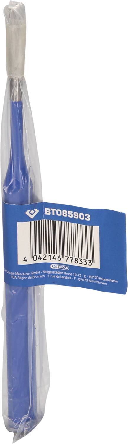 Ein blauer Zahnbürstenkopf in Plastikverpackung mit einem Barcode.