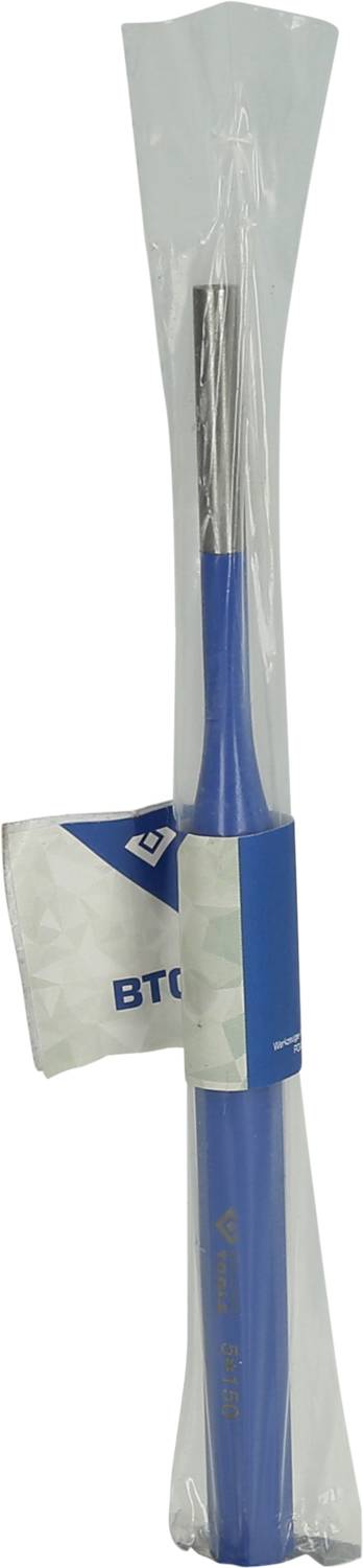 Verpackter blauer Stock in Plastikhülle; Verpackung bedruckt mit Logo und Text.