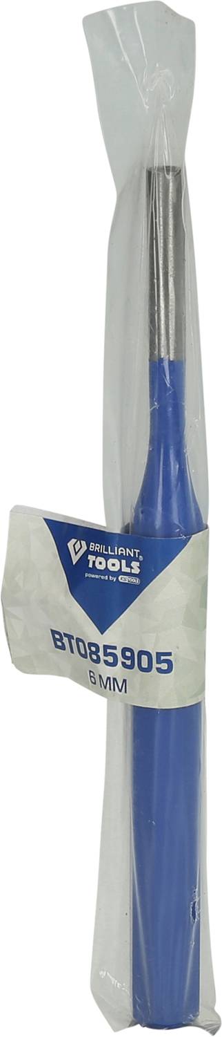 Ein verpackter blauer Werkzeuggriff mit metallischem Einsatz, auf dem Etikett steht 'Brilliant Tools BT035905 6MM'.