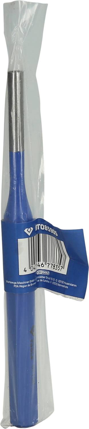 Ein blauer Kugelschreiber der Marke 'Motif' in einer durchsichtigen Verpackung mit einem Barcode-Etikett.