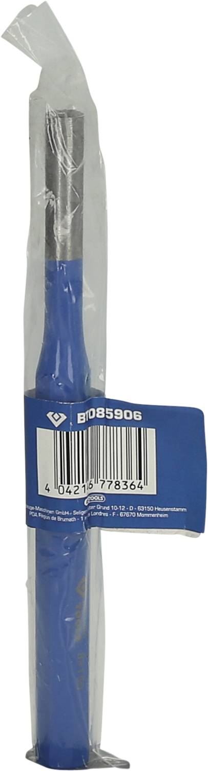 Ein in Plastik verpackter, blauer Handmeißel mit einer Barcode-Nummer.