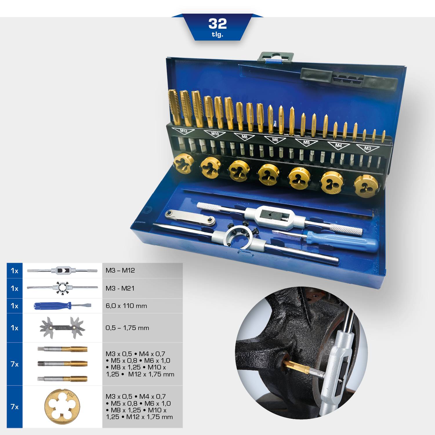Schneideisen- und Gewindebohrer-Set, 32-teilig, mit verschiedenen Größen für Gewindeschneiden, in einem blauen Aufbewahrungskoffer.