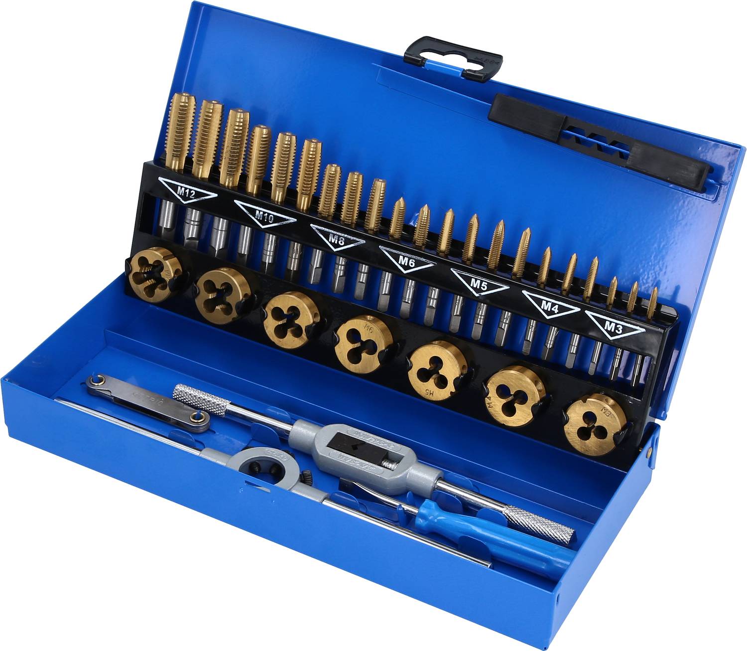 Werkzeugkoffer mit verschiedenen Bohrern und Gewindeschneidern. Enthält M3 bis M12 Größen, in einem blauen Etui angeordnet.