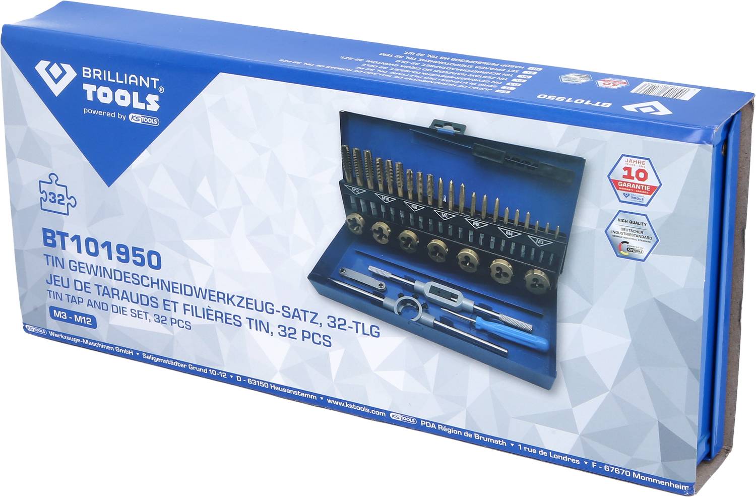Eine blaue Verpackung zeigt ein 32-teiliges Gewindeschneidwerkzeug-Set in verschiedenen Größen. Links oben steht 'Brilliant Tools'.