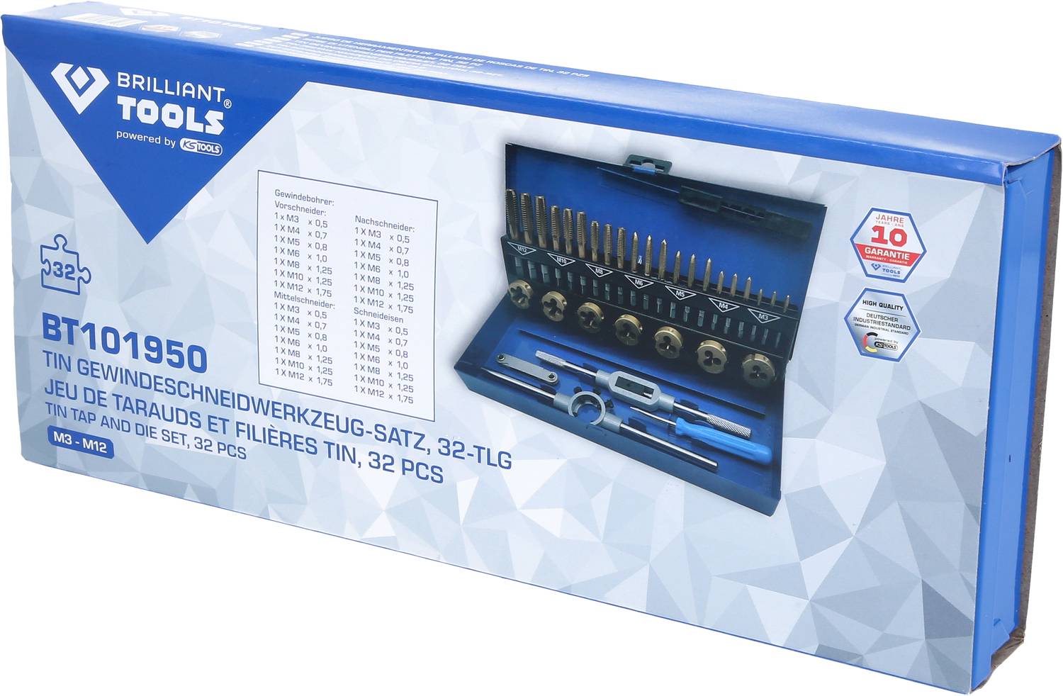 Verpackung eines Gewindeschneidwerkzeug-Satzes, 32 Teile, mit verschiedenen Größenangaben. Enthält Werkzeuge zum Gewindeschneiden.