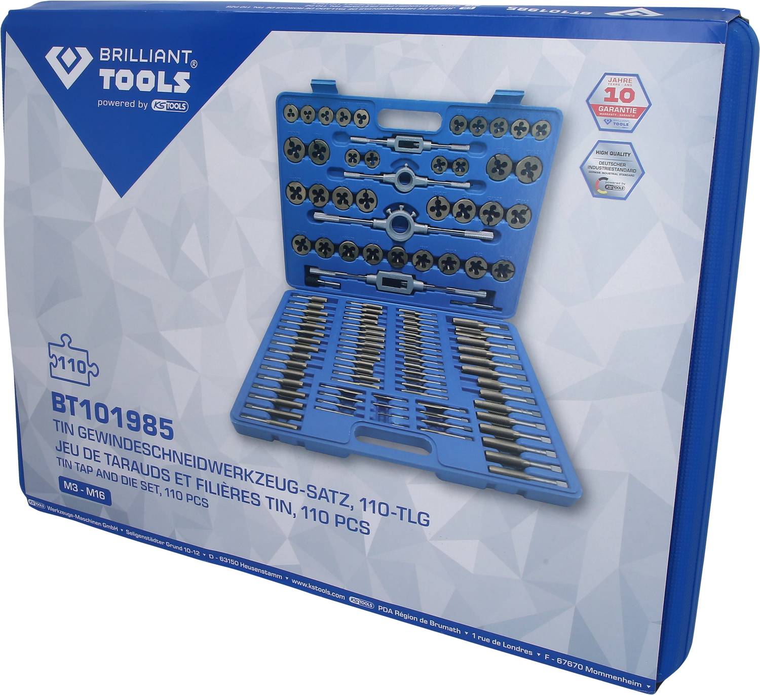 Ein blauer, geöffneter Gewindeschneidwerkzeug-Koffer mit 110 Teilen ist abgebildet. Oben links ist das Logo 'BRILLIANT TOOLS.'
