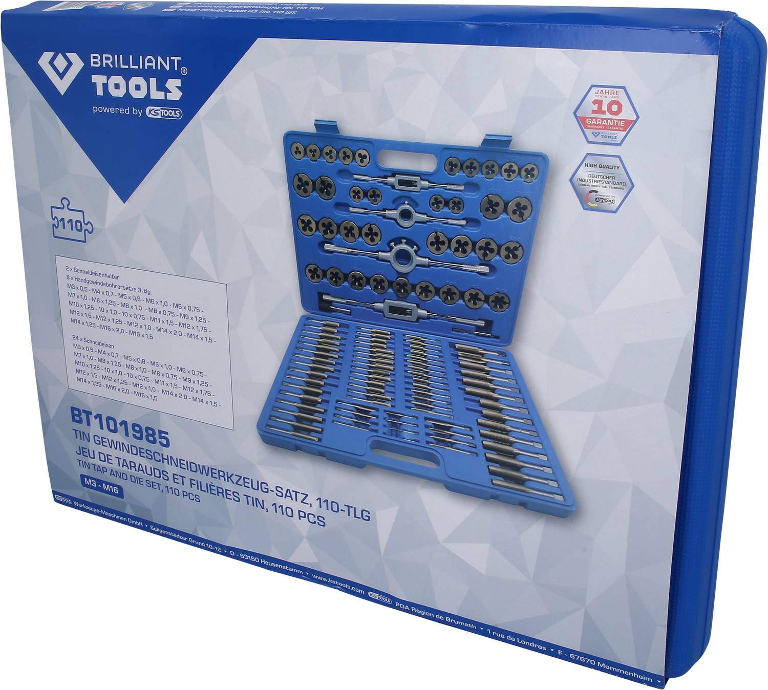 Eine blaue Kunststoffbox mit einem 110-teiligen Gewindeschneidwerkzeug-Satz, dargestellt auf einer Verpackung mit Produktinformation.