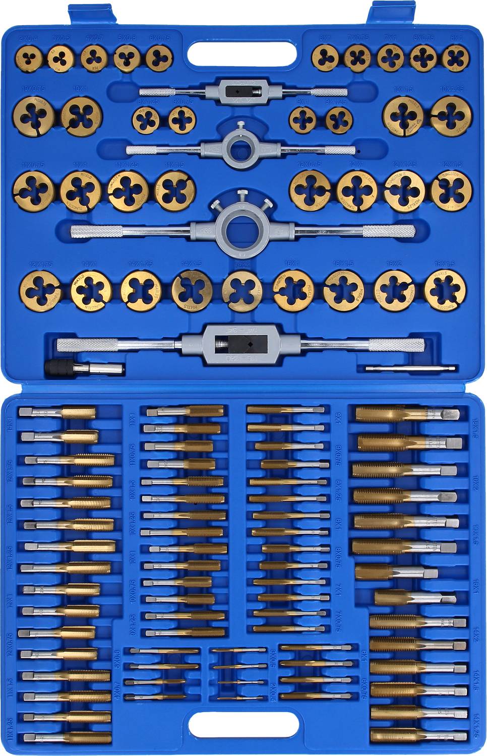 Ein Set aus blauem Kunststoffkoffer mit Gewindeschneidwerkzeugen, darunter Schneideisen und Gewindebohrer in verschiedenen Größen.