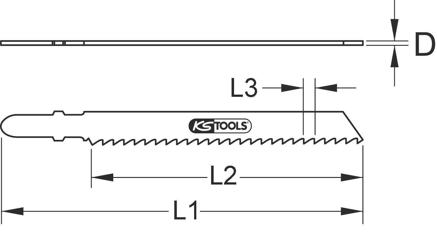 Technische Zeichnung eines Säblattes mit den Maßen L1, L2, L3 und Dicke D. Das Sägeblatt ist mit 'KS TOOLS' beschriftet.