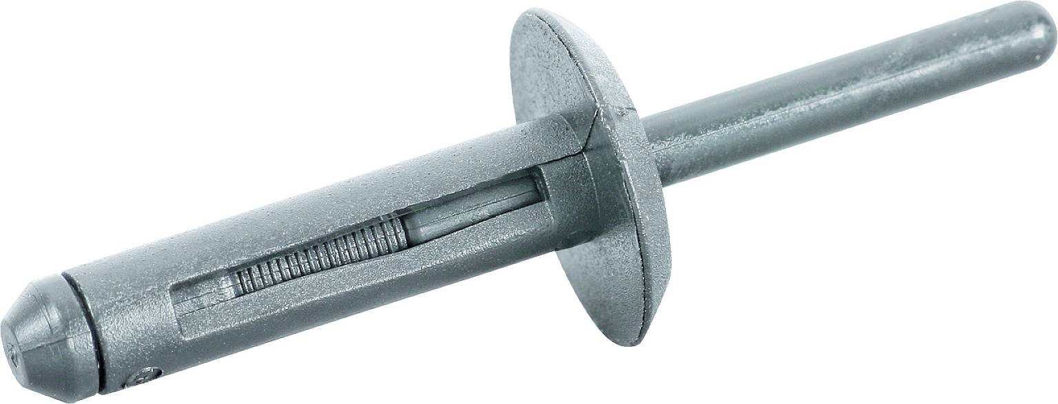 Ein grauer Blindniet aus Metall mit langer Achse und breitem Kopf, verwendet zum Verbinden von Materialien durch Bohren und Klemmen.