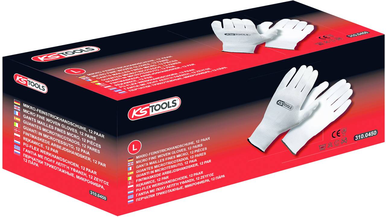 Eine rote Verpackung von KS Tools mit weißen Arbeitshandschuhen, Größe L. Die Verpackung zeigt Handschuhe und Produktinformationen in mehreren Sprachen.