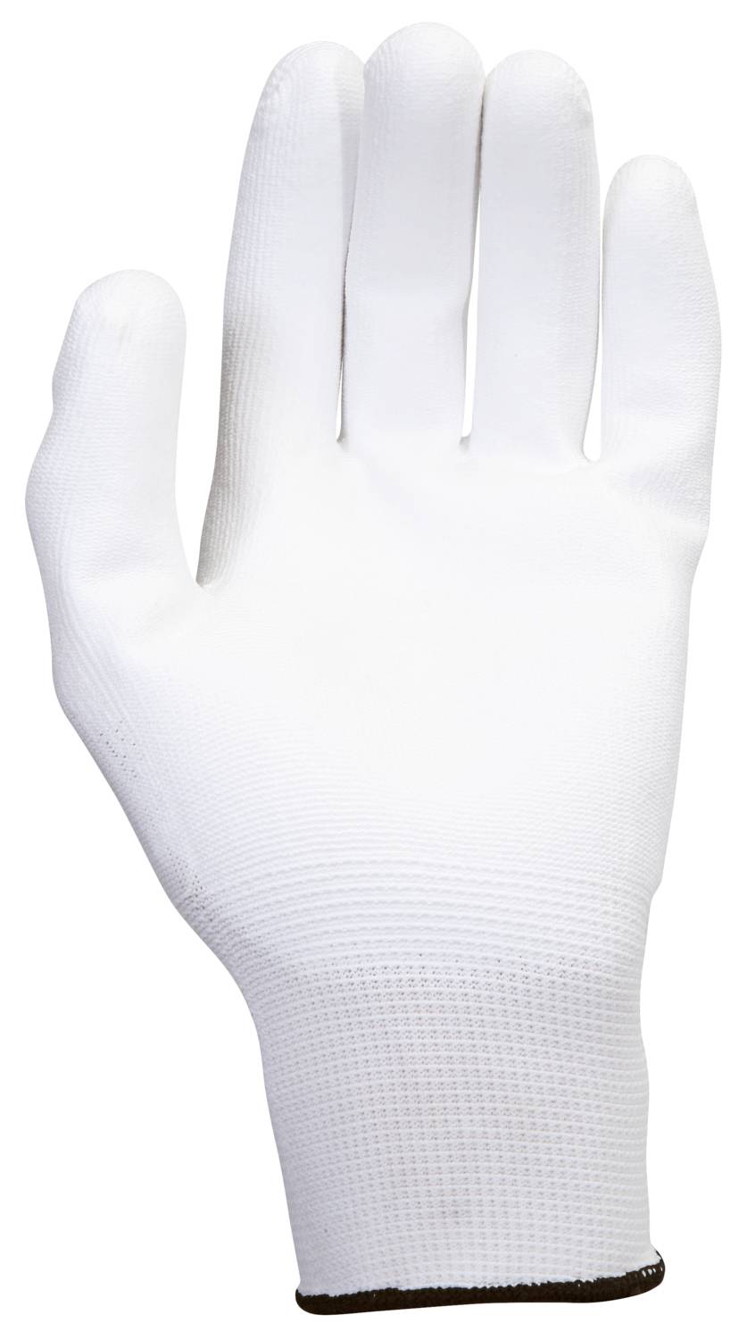 Eine weiße Schutzhandschuh aus Stoff, vollständig sichtbar, auf weißem Hintergrund.
