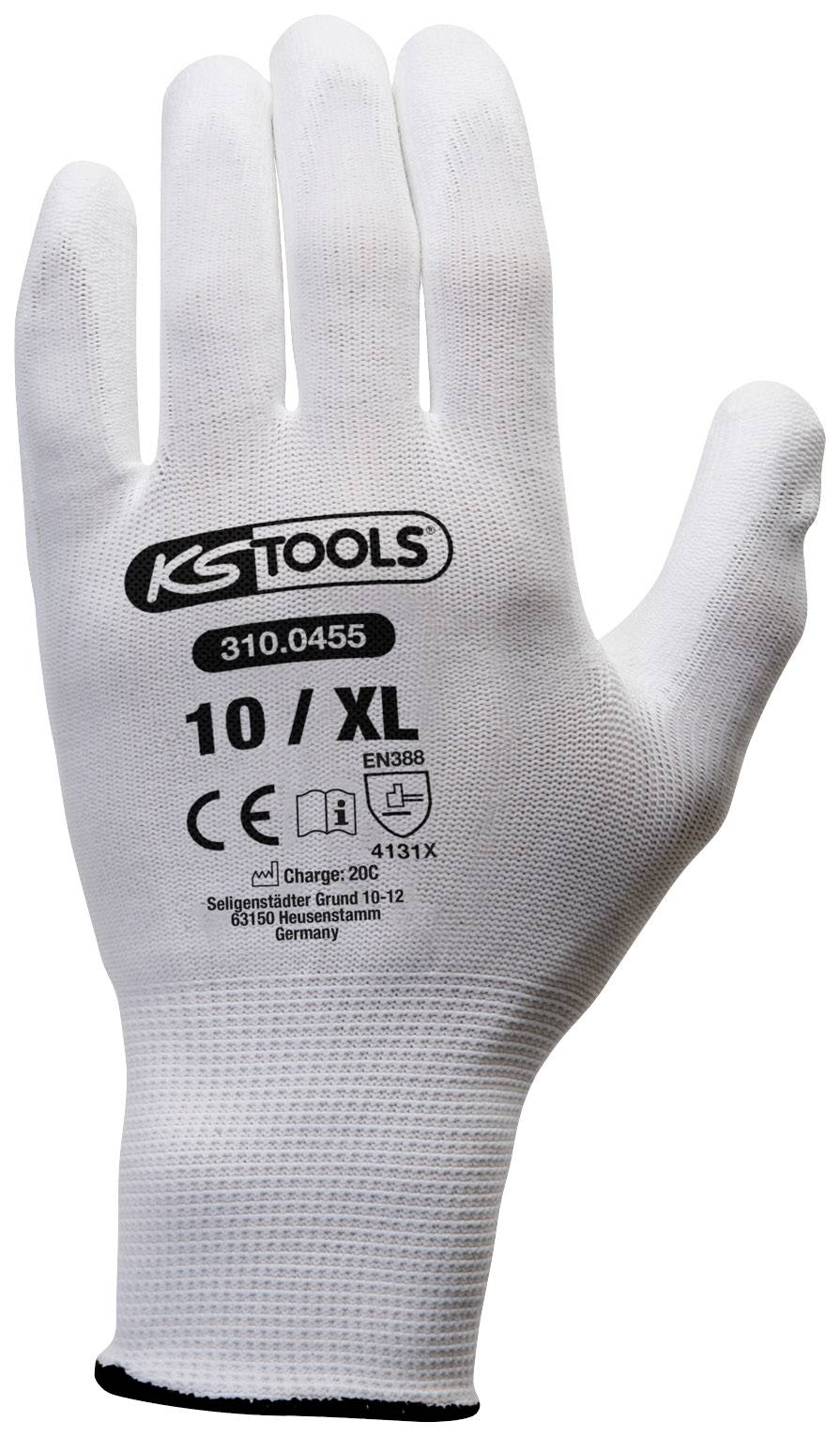 Weiße Arbeitshandschuh in Größe XL, mit CE-Kennzeichnung und Marke 'KS Tools', zeigt das Modell 310.0455 und EN388-Schutzklassifizierung.
