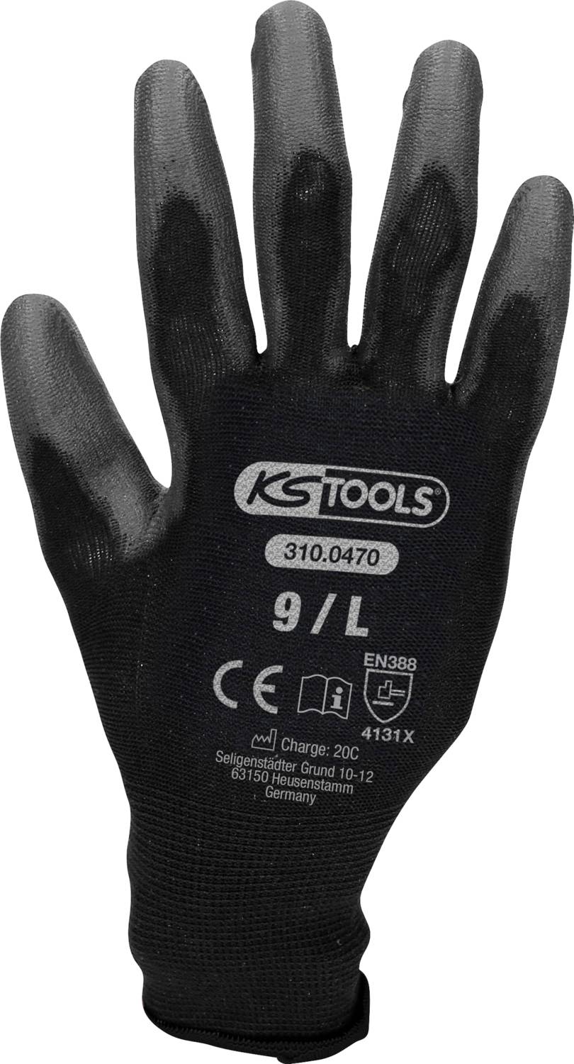 Schwarzer Arbeitshandschuh, Größe 9/L, Markenaufdruck 'KS Tools', CE-Zertifizierung und EN388-Informationen auf dem Handrücken.