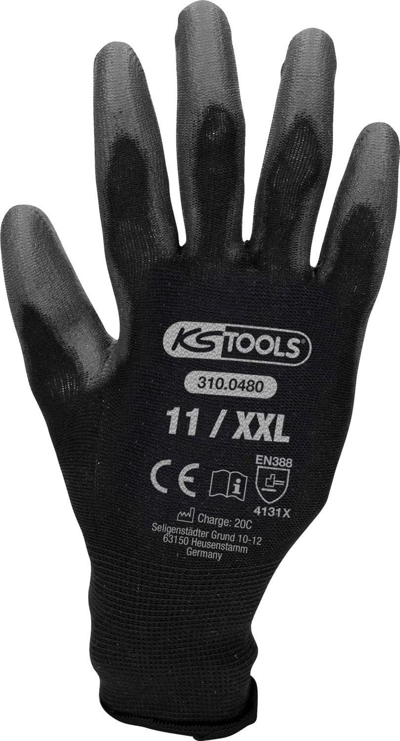 Schwarzer Arbeitshandschuh mit der Aufschrift 'KS Tools 11/XXL'. Handrückenansicht, zeigt Größe und Schutzklasse.