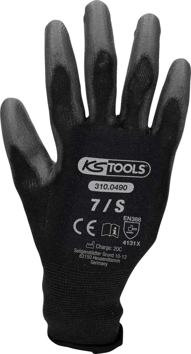 Eine schwarze Arbeitshandschuh von der Marke KS Tools in Größe 7/S, mit CE-Kennzeichnung und EN388-Schutzlevel.