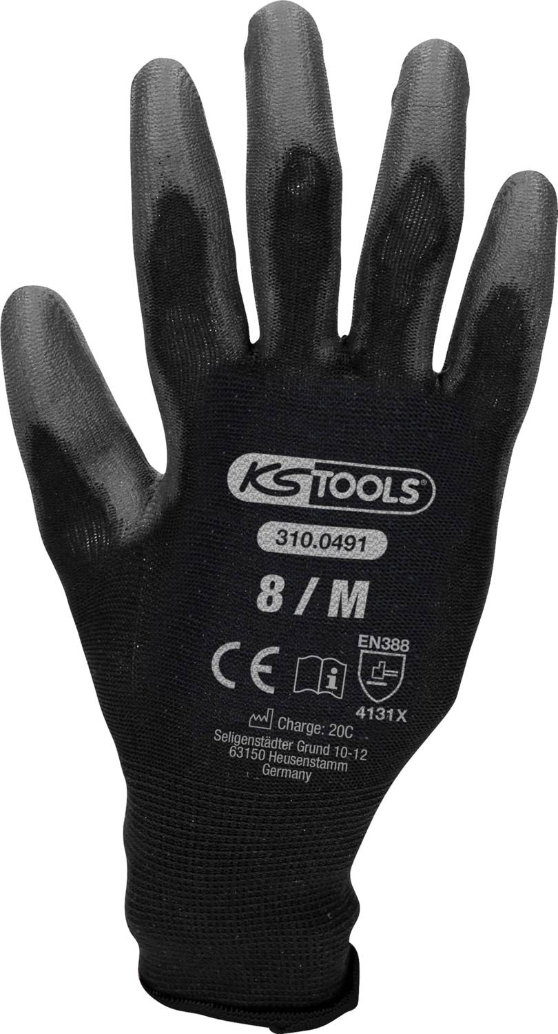 Schwarzer Arbeitshandschuh mit KS Tools-Logo und Größenangabe '8/M'. Geeignet für mechanische Arbeiten, EN388-Standard 4131X erfüllt.