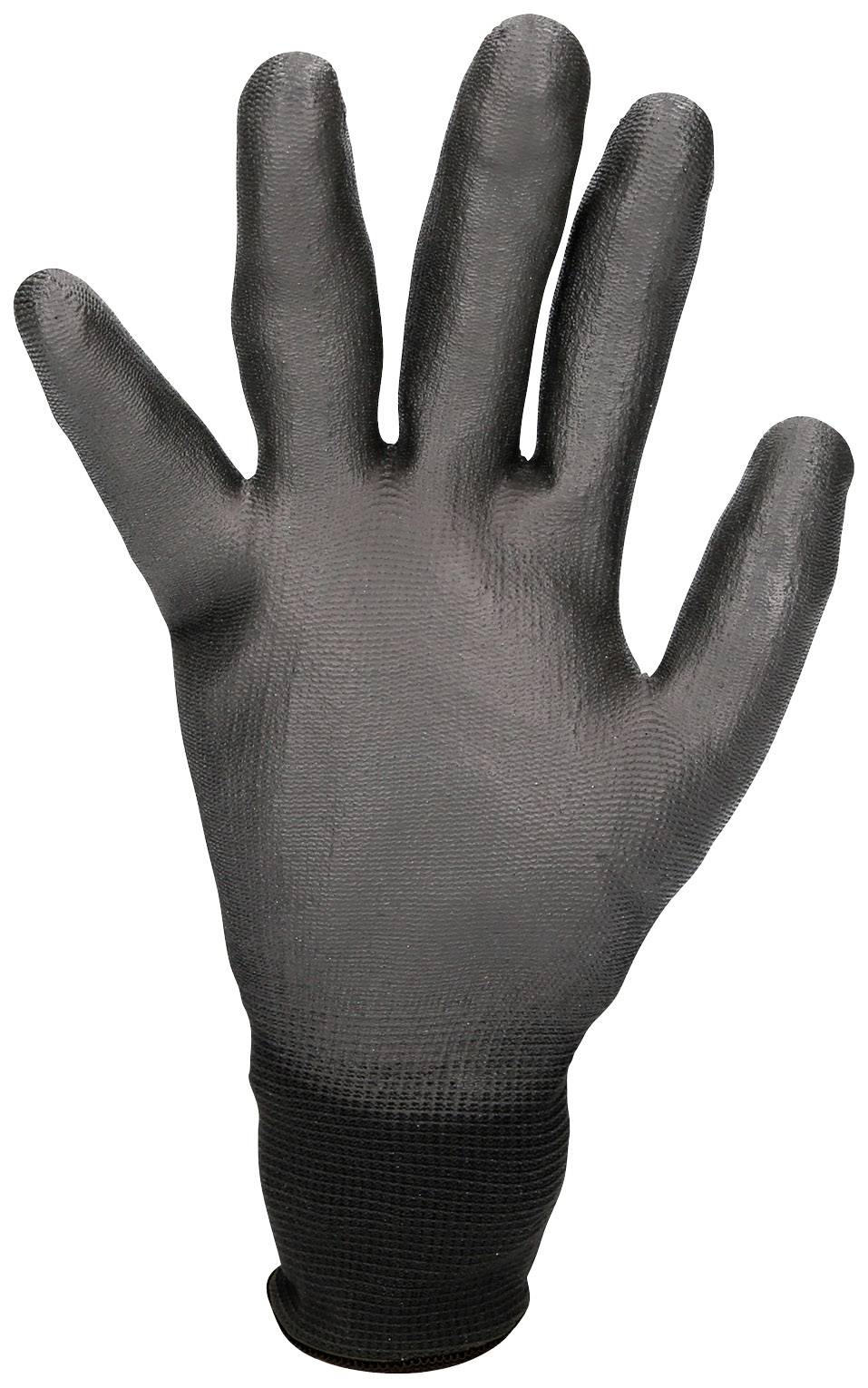 Ein schwarzer Arbeitshandschuh mit glatter Oberfläche und elastischem Bund.