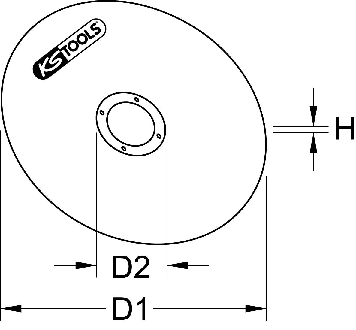 Abbildung zeigt eine Metallscheibe mit Maßangaben. D1 und D2 stehen für Durchmesser, H für Höhe. Mit Logo von KS Tools.