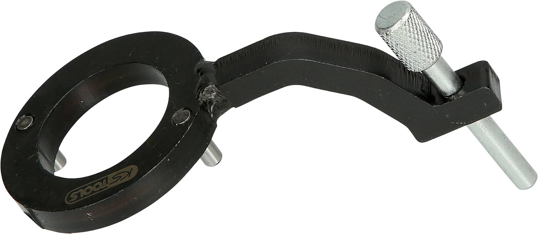 Ein schwarzes Metallwerkzeug mit rundem Ring und Griff, möglicherweise für die Justierung oder Festhaltung von mechanischen Teilen.