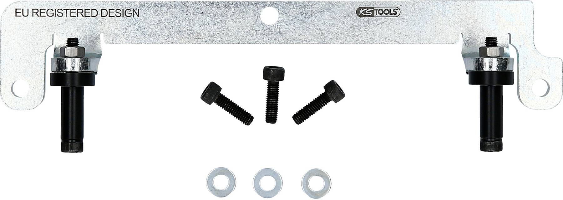 Metallplatte mit zwei schwarzen Schraubenhalterungen und drei Schrauben mit Unterlegscheiben darunter. Hersteller: KS TOOLS.