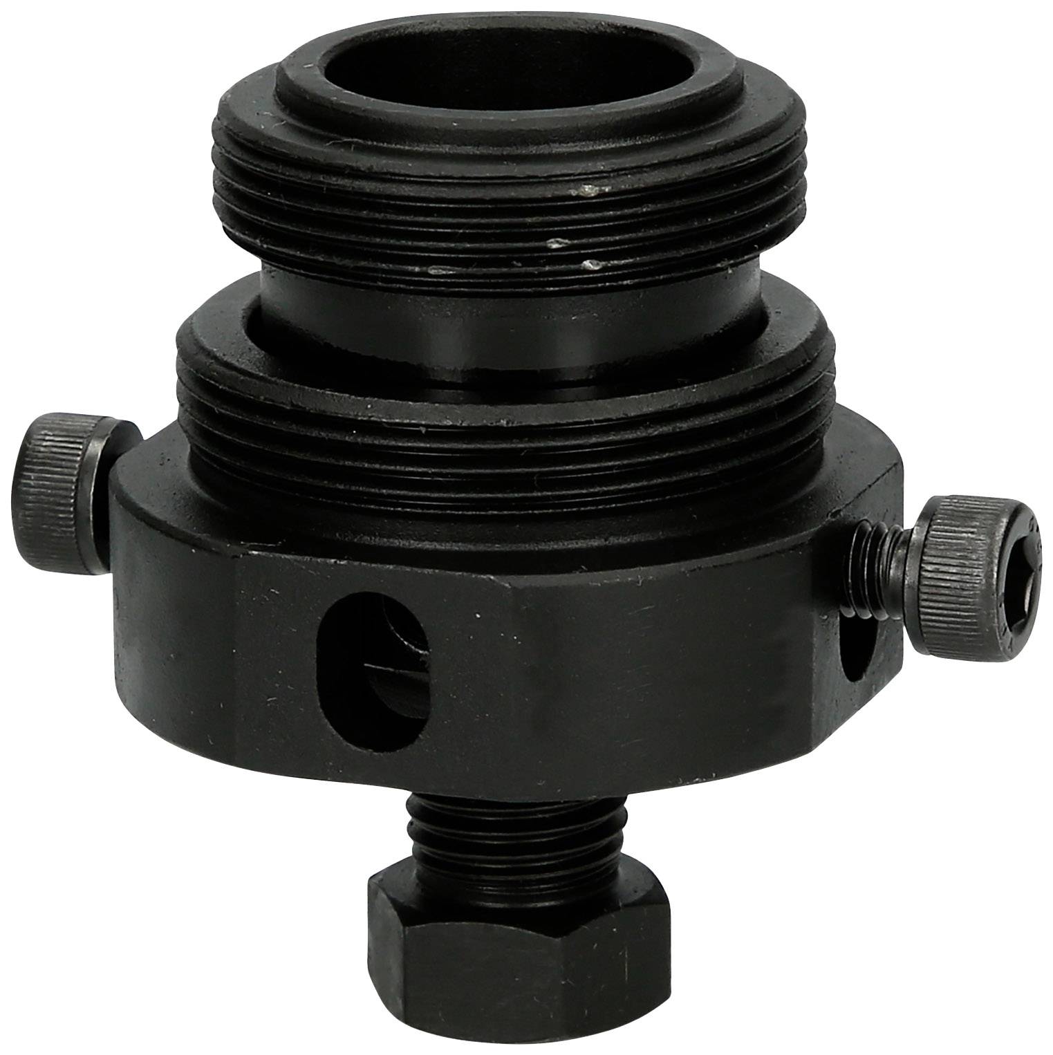 Ein schwarzes Metallteil mit mehreren Gewinden und Schrauben, wahrscheinlich ein Verbindungselement oder Adapter in technischer Ausführung.