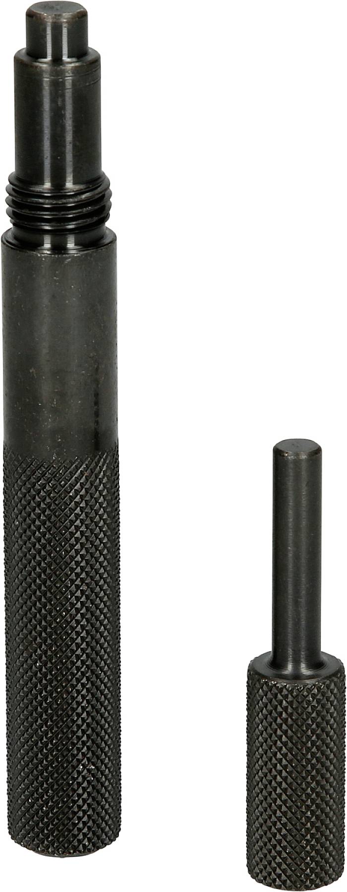 Zwei unterschiedlich große schwarze Metallstifte aufrecht stehend. Der größere Stift hat eine geriffelte Oberfläche für besseren Halt.