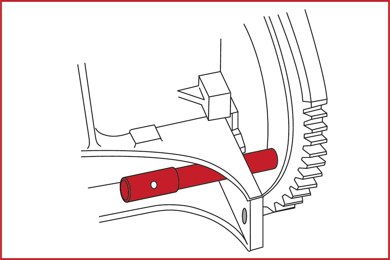 Schnittdarstellung eines mechanischen Getriebes mit hervorgehobener roter Stange neben einem Zahnrad, zeigt Innenmechanik.