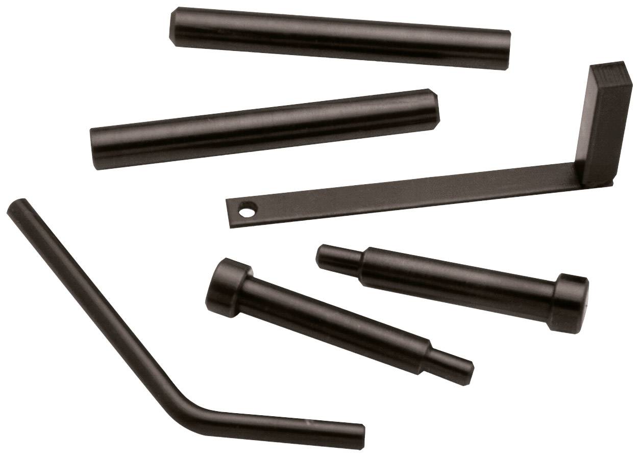 Schwarze Metallstifte und Hebel in verschiedenen Formen und Größen auf weißem Hintergrund.