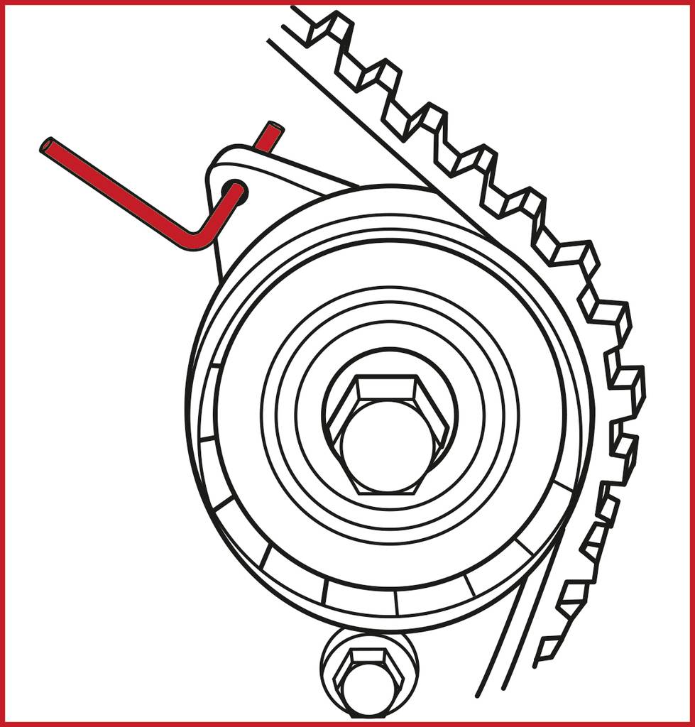 Illustration eines Motorspannrads mit Zahnrad und Spannwerkzeug.