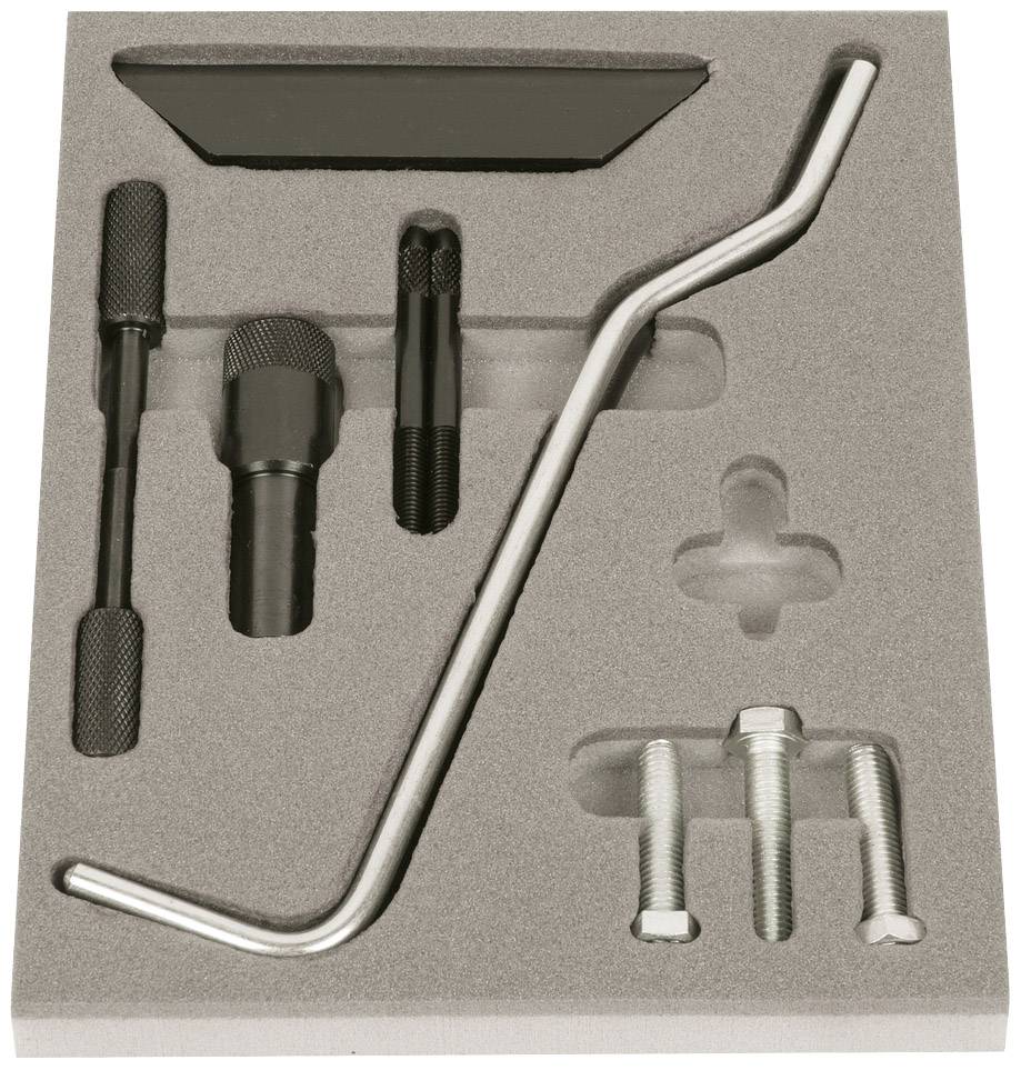 In einem Schaumstoffeinleger befinden sich fünf Metallwerkzeuge, darunter ein langer Hebel und zwei Schrauben mit Sechskantkopf.