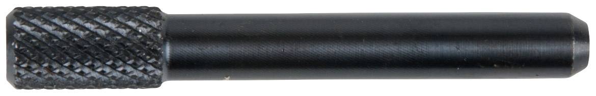 Ein schwarzer Metallstift mit gerändeltem Griff auf der linken Seite. Der Stift ist zylindrisch und glatt auf der rechten Seite.