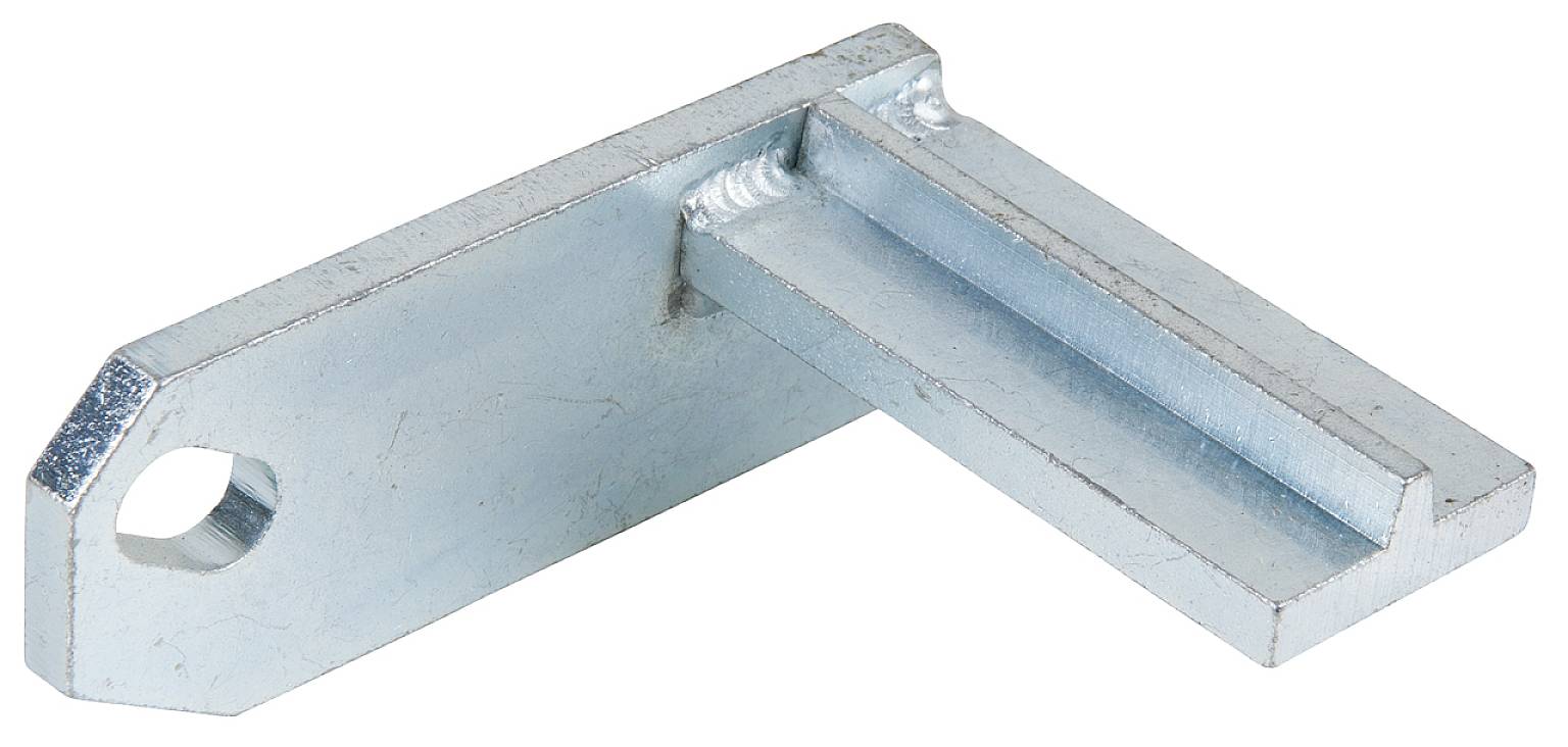 Ein metallisches L-förmiges Bauelement mit Loch an einem Ende, möglicherweise ein Befestigungsteil.