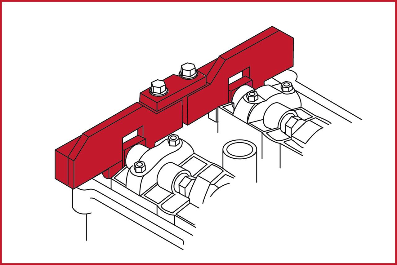 Illustration eines roten Werkzeugbügels, der über zwei Motorwellen platziert ist, zur Stabilisierung oder Fixierung.
