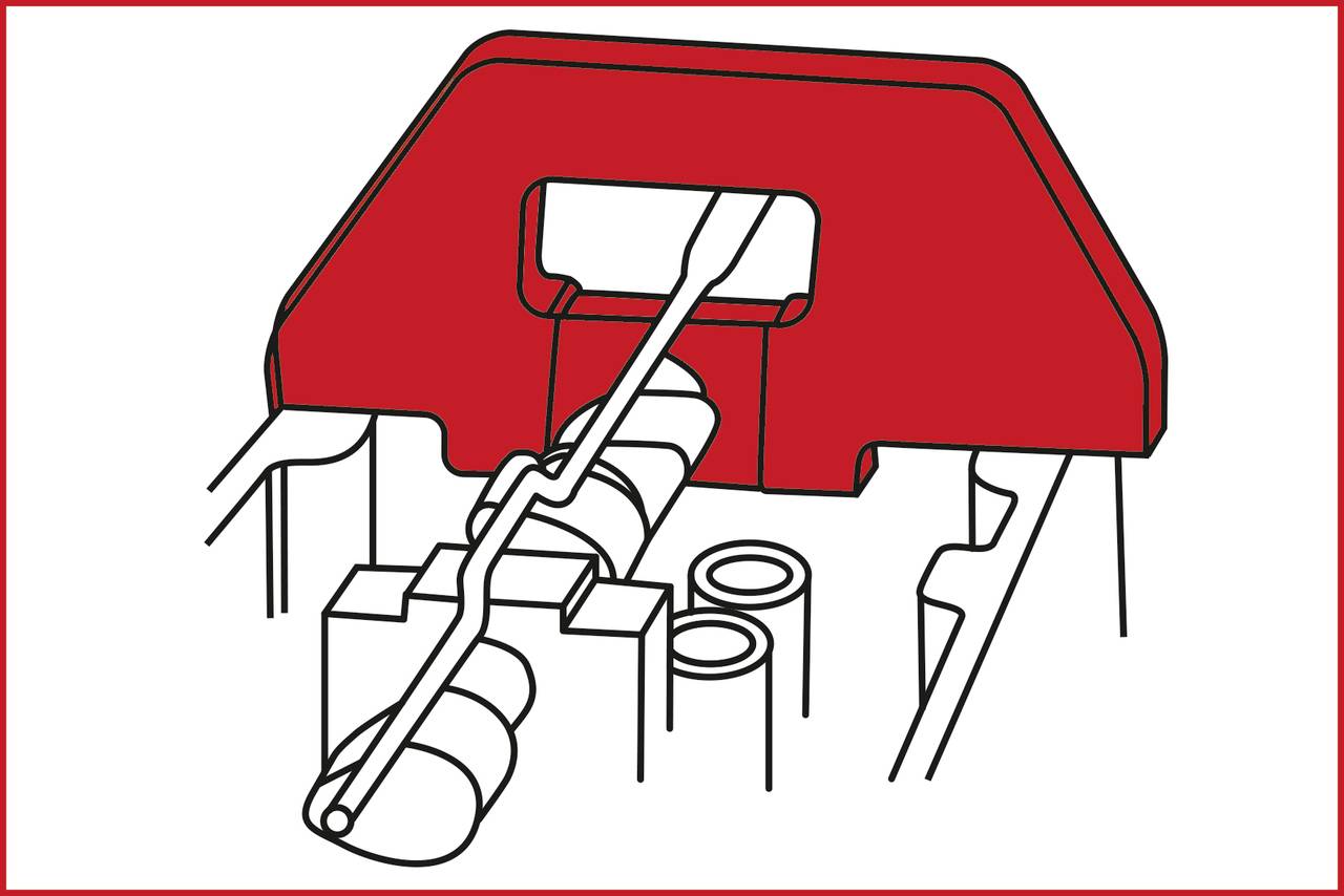 Illustration eines Drahtanschlusses in einem Steckverbinder, mit einem roten Kunststoffteil zur Fixierung des Drahtes.