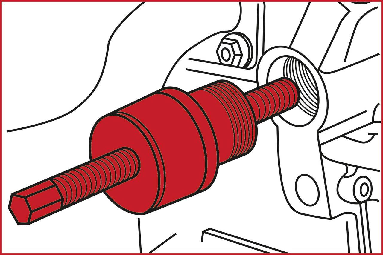 Illustration eines roten Werkzeugs zum Entfernen eines Teils aus einem Gehäuse. Schraube und Gewinde sind deutlich sichtbar.