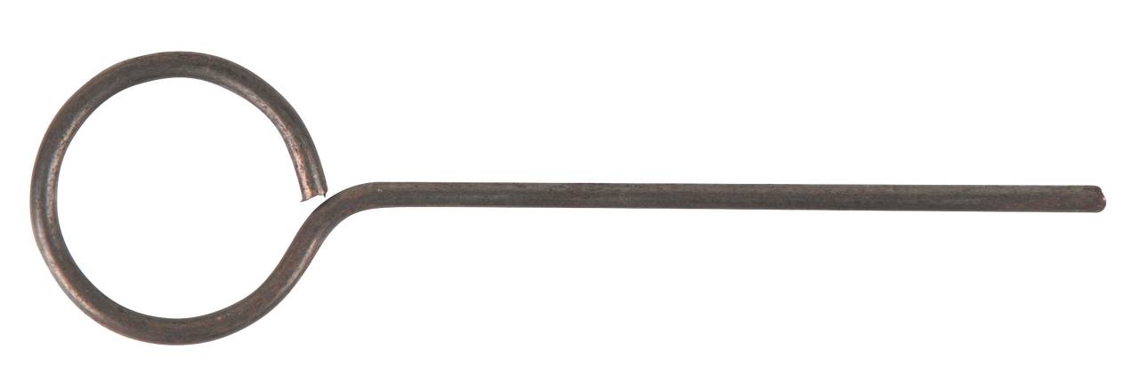 Ein R-Kerbstift, ein mechanisches Sicherungselement, bestehend aus einem halbkreisförmigen Ring und einem langen geraden Dorn.
