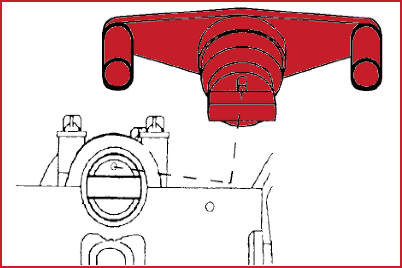 Ein rotes Klemmsystem wird über eine mechanische Komponente angebracht, um sie zu stabilisieren. Die Zeichnung zeigt Details des Befestigungsmechanismus.