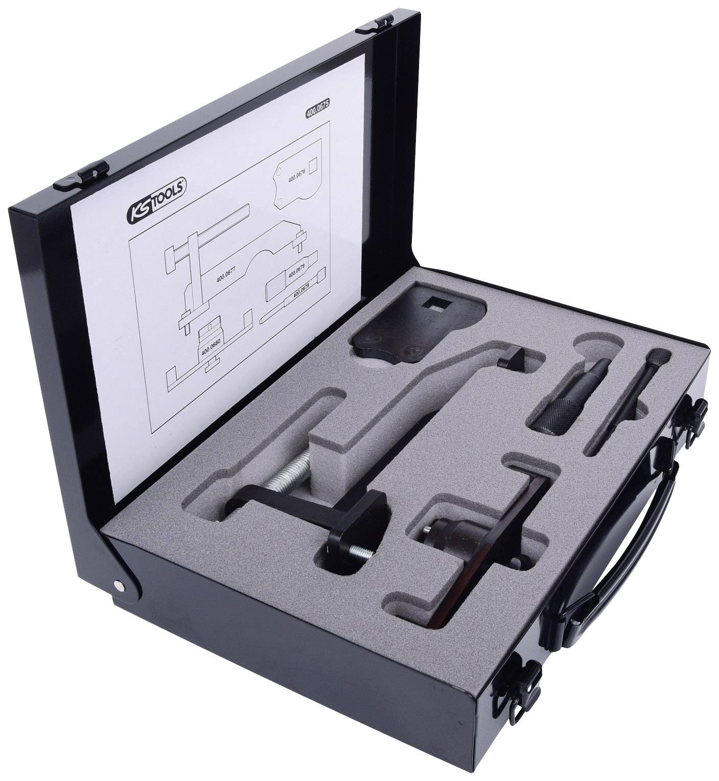 Schwarzer Werkzeugkoffer mit Schaumstoffeinlage, enthält verschiedene Werkzeuge, darunter Hammer und Schraubenschlüssel, mit Diagramm im Deckel.