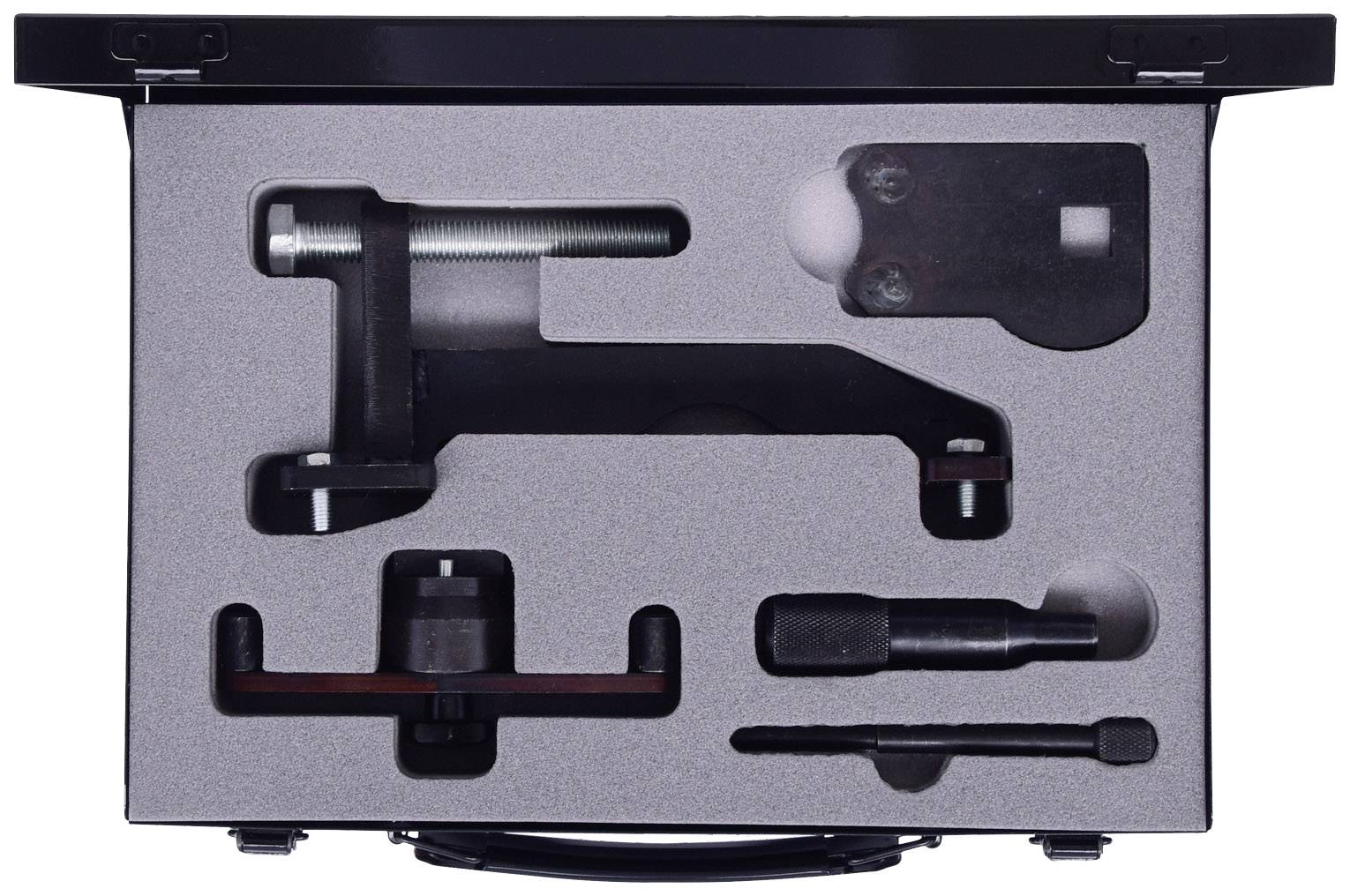 Werkzeugkoffer mit verschiedenen Metallwerkzeugen und gepolsterten Aussparungen zur sicheren Aufbewahrung und Organisation.
