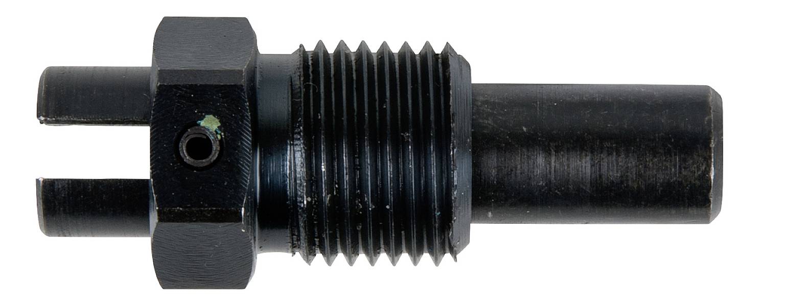 Ein schwarzer Metalladapter mit Gewinde und zwei zapfenartigen Protrusionen. Geeignet für Maschinen- oder Elektroinstallationen.