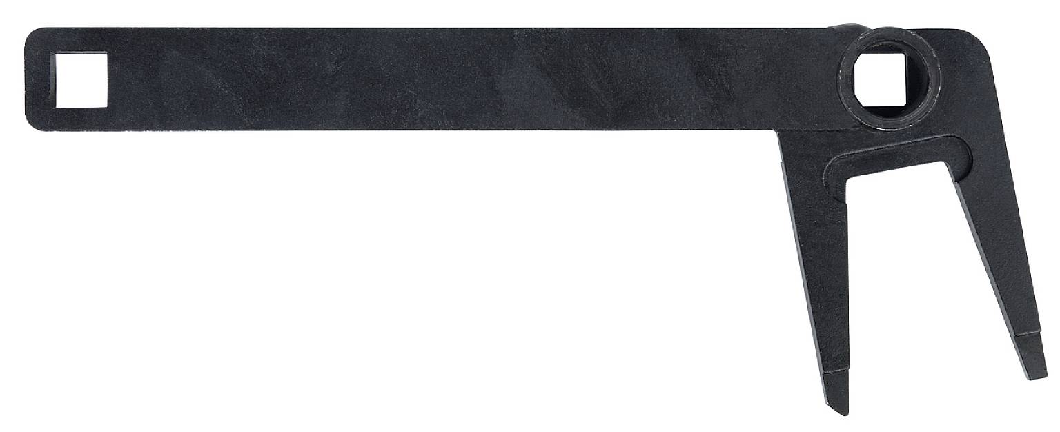 Schwarzer Spezialschlüssel mit zwei Enden, eines mit quadratischer Öffnung, das andere mit zwei Zinken für spezifische mechanische Anwendungen.