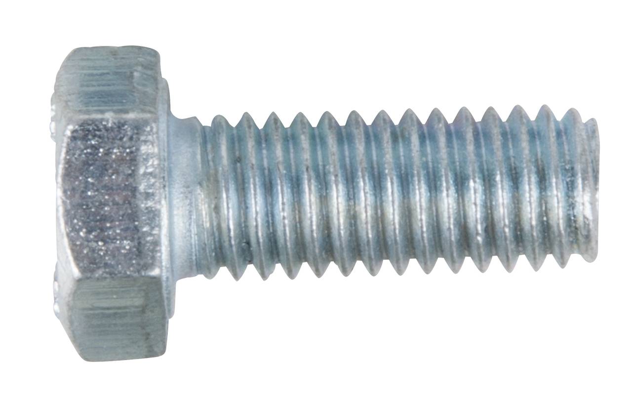 Metallschraube mit einem sechseckigen Kopf, silberfarben mit blauem Schimmer.
