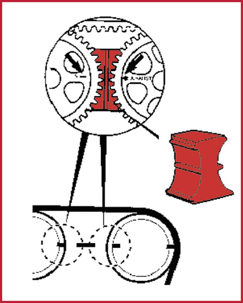'Delrin'-Gleitlager-Symbol: Illustration eines Zahnrads mit rotem Lager zur Darstellung der Integration in Mechanismen.