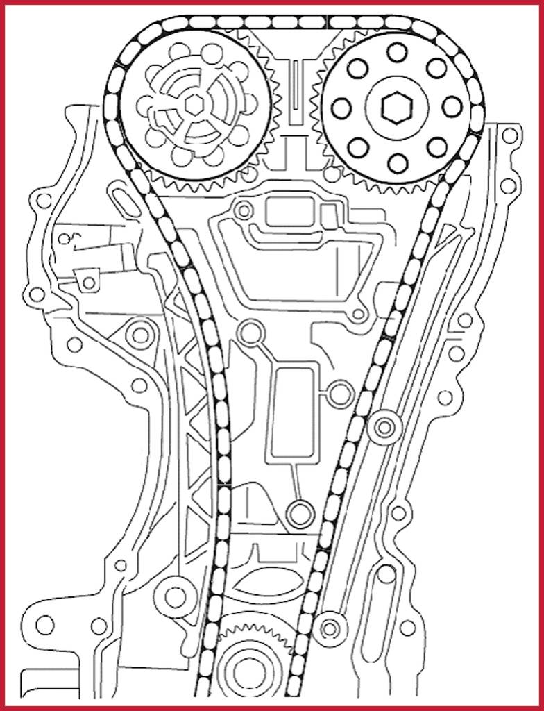 Diagramm eines Zahnriemenantriebs in einem Motor mit markierten Zahnrädern und Riemen, zeigt den Verlauf und die Struktur der Komponenten.